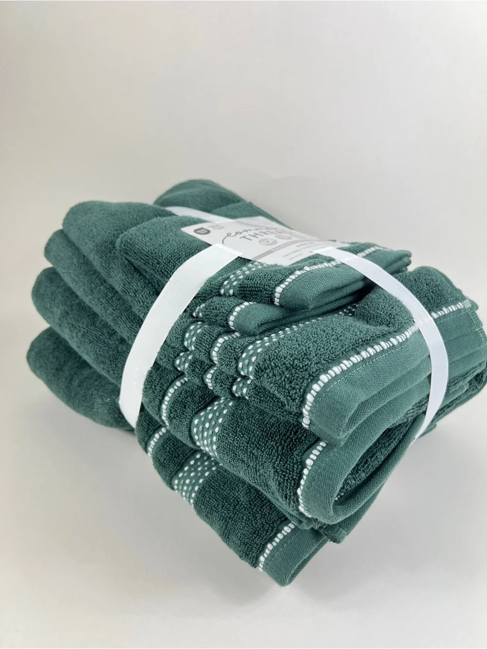 Common Thread Bath Towel Set Green White Quick Dry Low Twist Cotton 6 Pc NEW